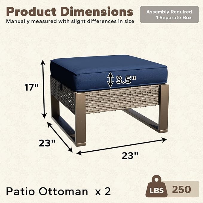 Patio Metal Wicker Ottoman Set of 2, Outdoor PE Rattan Footstools with Removable Cushions & Wood-Looking Metal Steel Framed Legs for Garden Backyard Porch Deck, Dark Blue