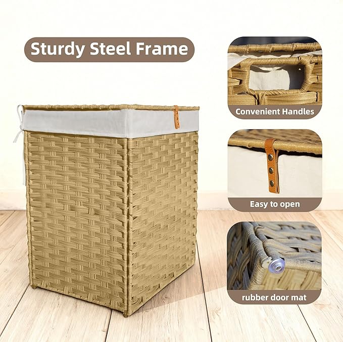 Outdoor Wicker Laundry Hamper with Lid,130L Foldable Laundry Basket with Removable,Machine Washable 2-Section Liner and Handles,Handwoven Yellow Rattan Hamper for Organization and Storage