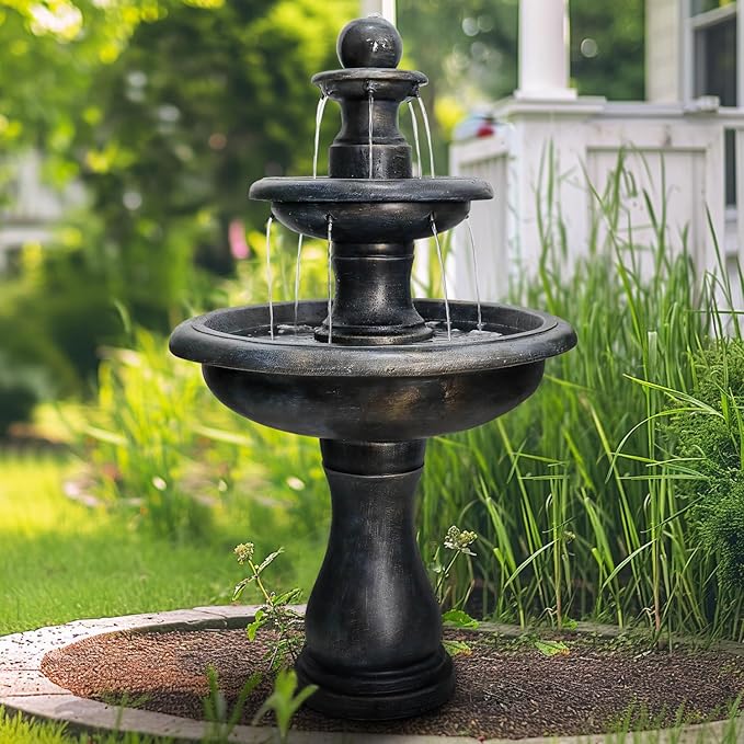 SunJet 45.2" High 3-Tiers Modern Concrete Outdoor Water Fountain - Round Large Outdoor Fountains and Waterfalls for Garden, Patio, Yard, and Deck Decor, Featuring Natural Stone Look (Black, 45.2inch)