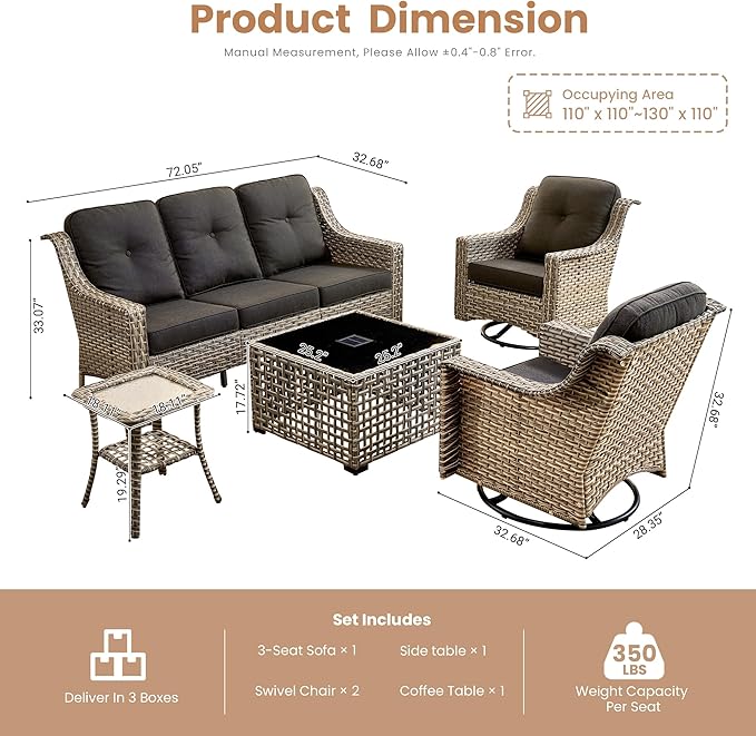 HOOOWOOO Patio Furniture Set,5 Pieces Wicker Outdoor Furniture,High Back Conversation Set with All Weather Resistant Solar Light Table Couch Swivel Chairs,Black