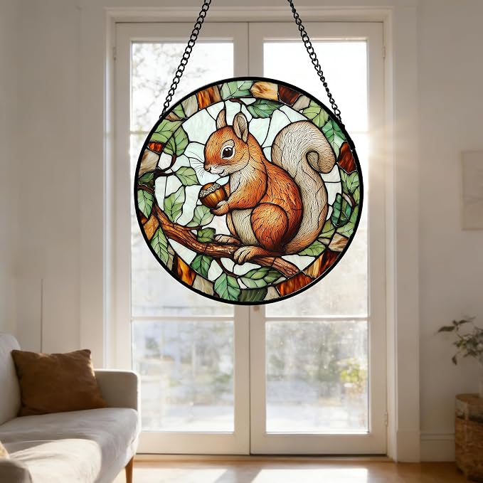 DASTOLL Stained Glass Window Hanging, Squirrel on a Branch Suncatcher Diamond Glass Panel Animal Sun Catchers Decor for Birthday for Women, Men, Wife, Aunt, and Mom 7.8 in
