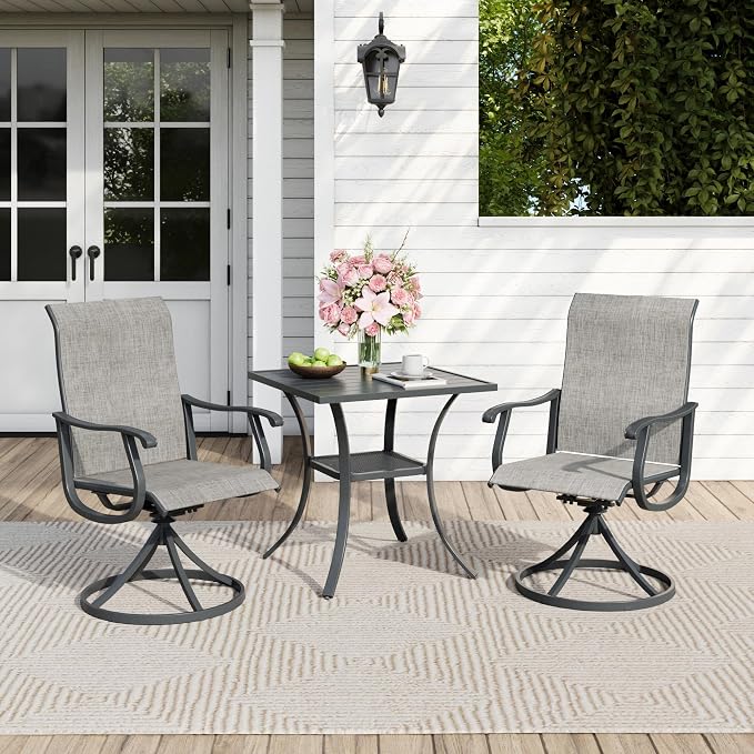 Outdoor Dining Set for 2, 28" Metal Square Outdoor Dining Table and Sling Patio Swivel Chairs, 3 Pieces Patio Table and Chairs Set for Garden Backyard, Grey and Dark Grey