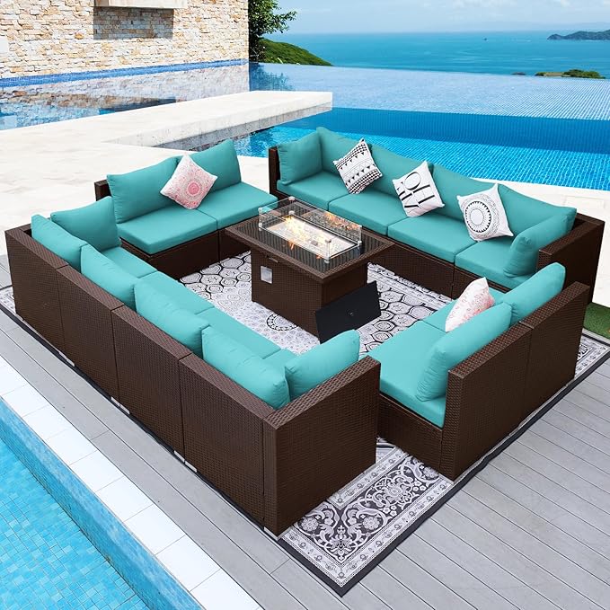 NICESOUL 13 Piece Patio Furniture w/Fireplace, Elegant Outdoor Seating w/Firepit, XL 29.3'' High Back Sectional Sofa, All-Weather Rattan Deck Couch, Modular Sturdy Conversation Set, Brown & Teal