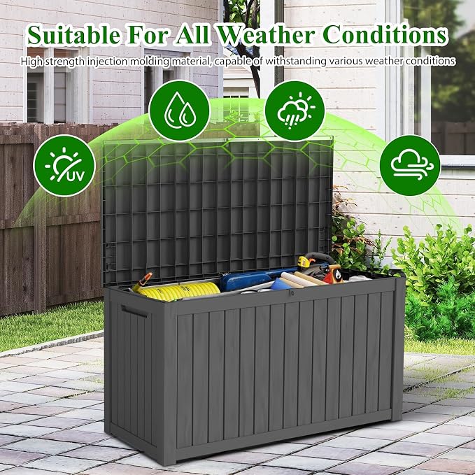 180 Gallon Outdoor Storage Box, Resin Deck Box Lockable Waterproof for Patio Furniture Cushions, Garden Tools, UV Resistant Outside Storage Bin（Black）
