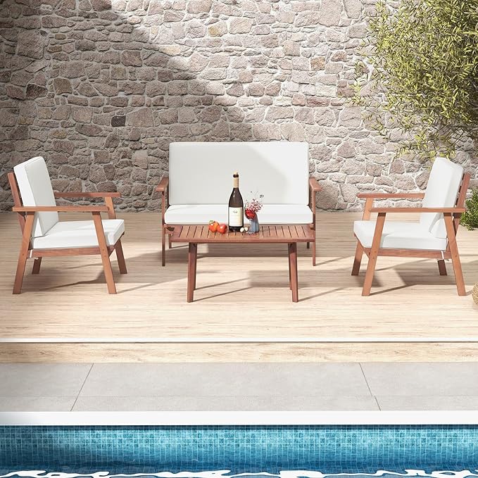 Tangkula 4 Piece Outdoor Conversation Set, Acacia Wood Sofa Set with Soft Seat & Back Cushions, Rectangle Coffee Table Patio Wood Furniture Set for Backyard, Poolside, Garden (1, Off White)