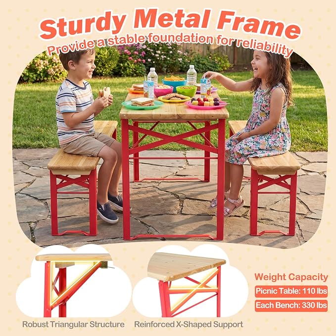 Costzon Kids Picnic Table, 43.5 Inch Folding Picnic Table with 2 Benches, Fir Wood Top & Metal Frame, No Assembly 3-Piece Portable Kids Indoor/Outdoor Furniture for Patio Backyard Daycare (Red)