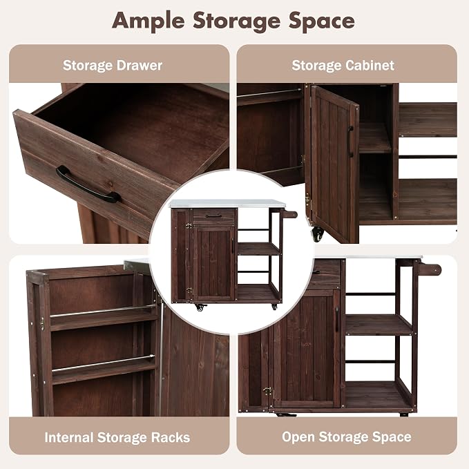 Outdoor Storage Deck Box Cabinet with Stainless Steel Worktop, Fir Wood Patio Prep Station with Lockable Wheels and Towel Rack for Backyard Organization, 40.5 inch, Dark Brown