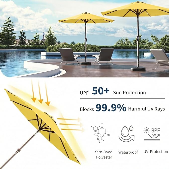 9FT Solar Umbrella 32 LED Lighted Patio Umbrella Table Market Umbrella w/Tilt and Crank, UV-Resistant Outdoor Umbrella for Pool, Garden, Deck, Sunshine Yellow