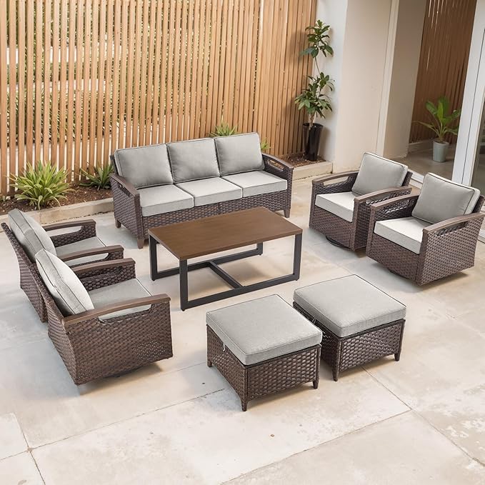 Rilyson Wicker Outdoor Patio Furniture Set - 8 Piece Patio Conversation Sets with Swivel Rocker Chairs, Ottomans, Sofa and Coffee Table, Thick Cushions, Waterproof Wicker, for Porch Deck Brown/Beige