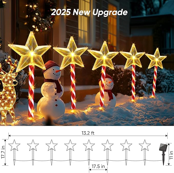 Solar Christmas Lights Outdoor Waterproof: 8 Pack Star Solar Christmas Decorations Outdoor with 8 Modes, Solar Candy Cane Pathway Lights Outside for Yard Walkway Driveway Xmas Decor - Warm White