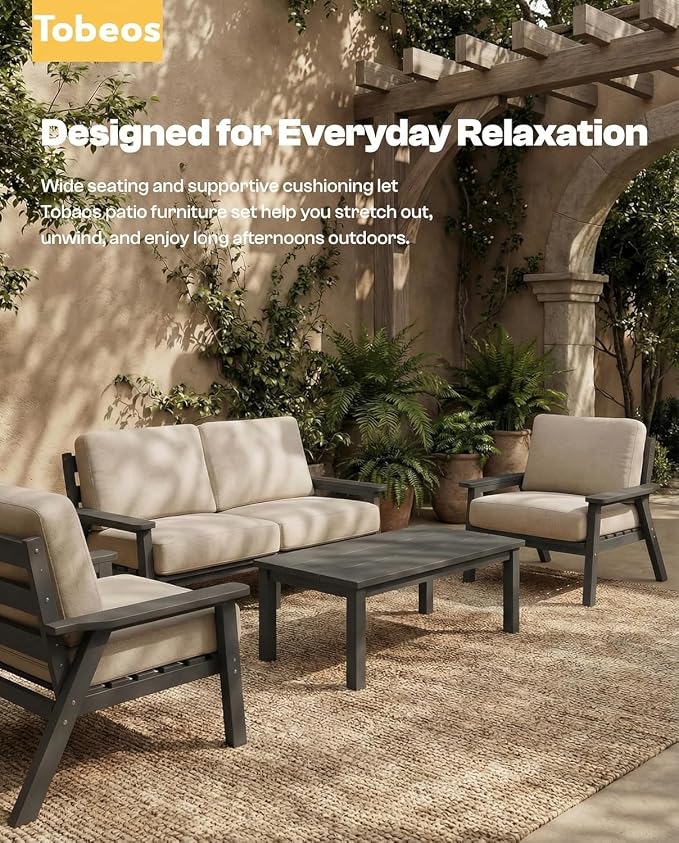 HDPE Patio Furniture Set 8 Seats, Outdoor Couch with Washable Thick Beige Cushions & Side Table, Outdoor Sectional Furniture for Backyard, Deck, Lawn, Porch (Gray Frame)