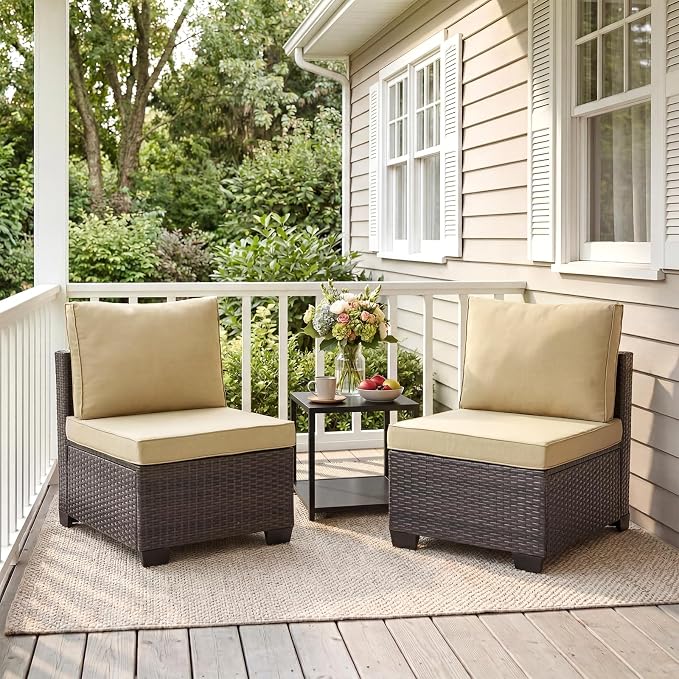 ANJ Outdoor Wicker Patio Chairs Set of 2, Modular Armless Patio Seating with Thick Cushions, All-Weather Rattan Conversation Chair Set for Porch, Balcony, Garden, Backyard, Dark Brown Wicker-Camel