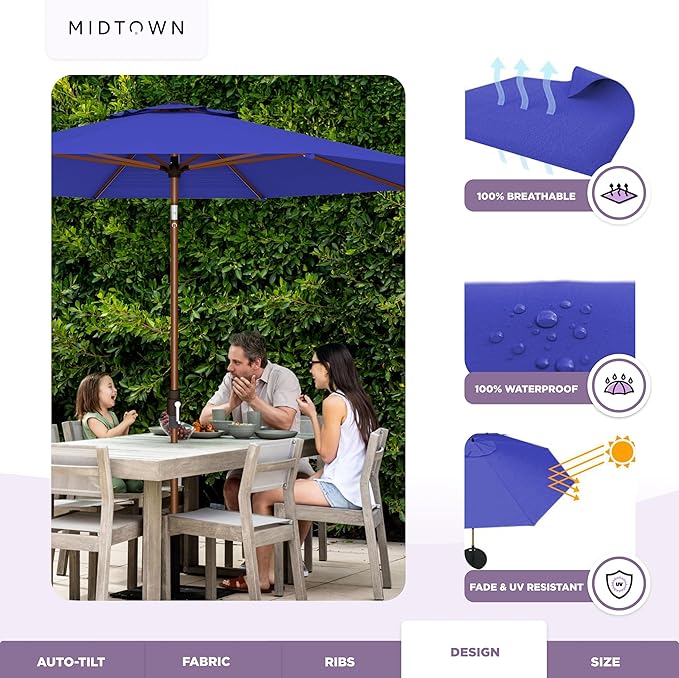 Midtown Umbrellas Wooden 2-8 Ft Patio Umbrella with 360° Swivel & Tilt Mechanism, 8 Fiberglass Ribs & Terylast Polyester Fabric for Deck, Pool, Garden & Porch - Midnight Canopy, Wooden Pole