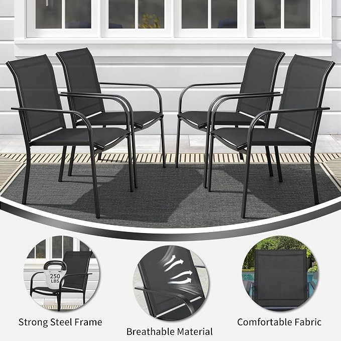 SUNCROWN 6 - Piece Outdoor Dining Set, Patio Furniture Set with 4 Textilene Dinning Chairs, 1 Steel Slat Metal Bistro Table and 1 Dark Blue 9Ft Patio Umbrella for Lawn Garden Backyard Deck, Black