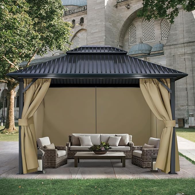 COWVIE 4-Panel 12' x 14' Gazebo Replacement Curtains, Patio Privacy Sidewalls with Double Zipper, Replacement for Outdoor Gazebo Canopy-Khaki
