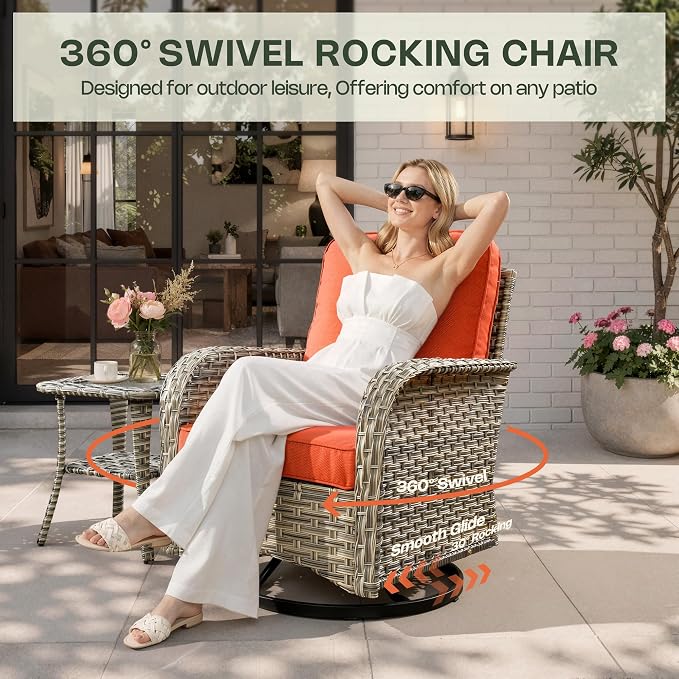 8 Pieces Patio Furniture Set, Outdoor Conversation Set with 360° Swivel Rocker Chairs, Wicker Sectional Sofa & Solar Powered Lighted Table, High Back Outdoor Furniture for Backyard Porch, Red