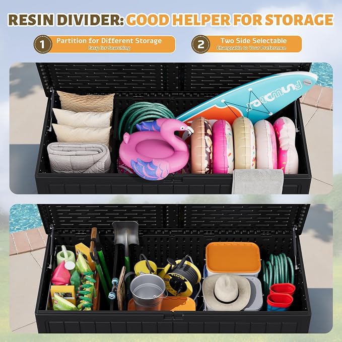 Flamaker Resin Deck Box 270 Gallon, Waterproof Imitation-Wood Lockable Storage Box with Separator Plate Outdoor Indoor, Garden, Patio Furniture for Tools&Pool Accessories (Black)