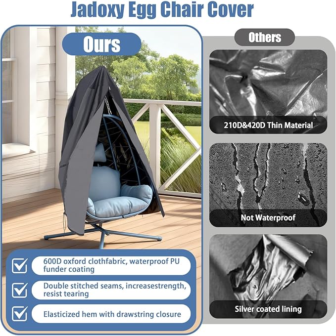 Patio Egg Chair Cover with Zipper Waterproof Heavy Duty Outdoor Hanging Chair Cover for Single Egg Swing Chairs All Weather Windproof UV Protection for Patio Furniture
