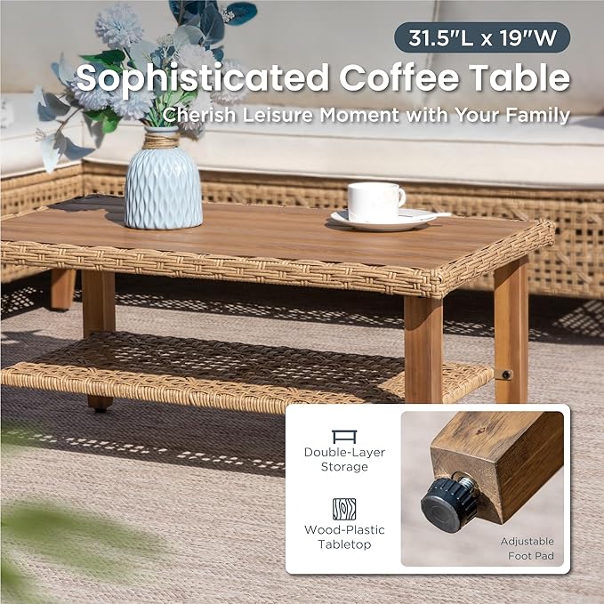 PHI VILLA 6 Seats Outdoor Sectional Sofa with Cushions and Acacia Wood Coffee Table, Patio Conversation Set for Garden, Backyard or Balcony, Beige