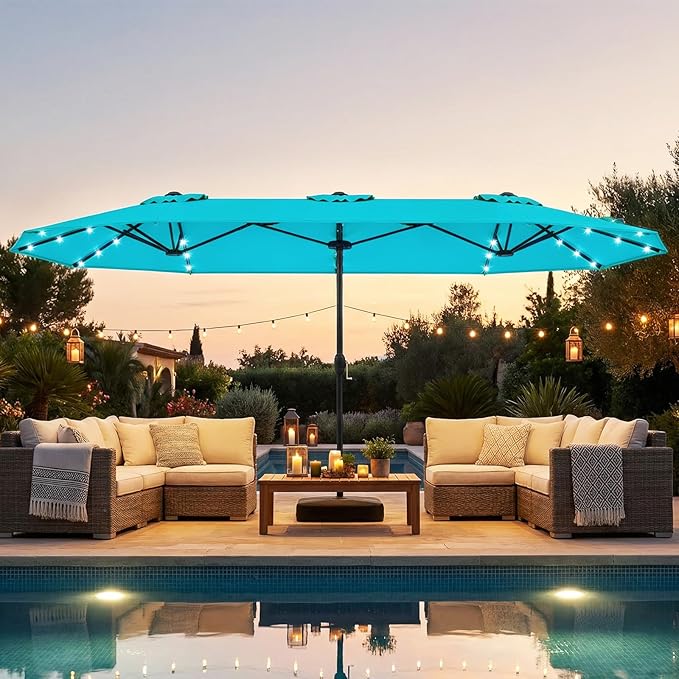 Tangkula 13FT Double-Sided Solar Patio Umbrella, Extra-Large Outdoor Twin Umbrella with 36 LED Lights, Vented Top, Crank Handle, 12 Ribs, Weighted Base Included for Backyard Poolside Deck (Turquoise)