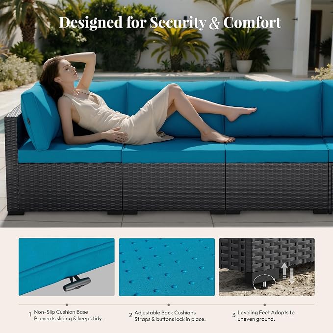 WWR Patio Furniture Set 7 Piece - All-Weather - Wicker Rattan Patio Outdoor Conversation Set, Modular Sectional Sofa for Backyard, Garden, Poolside, Balcony, Porch, Patio, Black/Peacock Blue