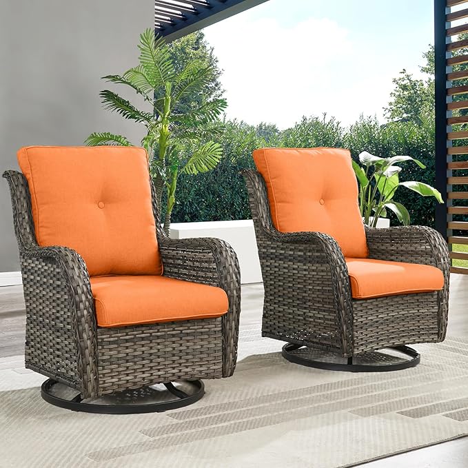 HUMMUH Outdoor Swivel Rocker Wicker Patio Chairs Set of 2, Rattan Rocking Chair Furniture Set(Grey,Orange)