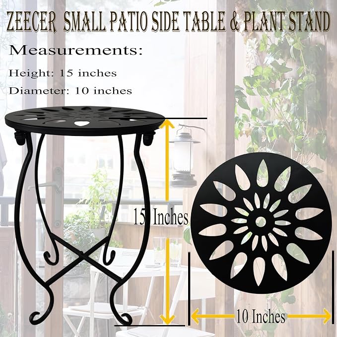 MINI Outdoor Side Tables, 10" Round 15" Tall Patio Side Table Plant Stand, Set of 1 Metal Small Round Side Table for Patio Yard Porch Balcony Garden Bedside Indoor Outdoor Use