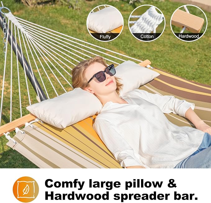 GAFETE Waterproof 2 Person Hammock with Stand for Outside Heavy Duty, 55 Inch Double Large Quick Dry Textilene Hammocks with Spreader Bar, Pillow, Pockets, for Outdoor, 475lbs Capacity (Coffee Stripe)
