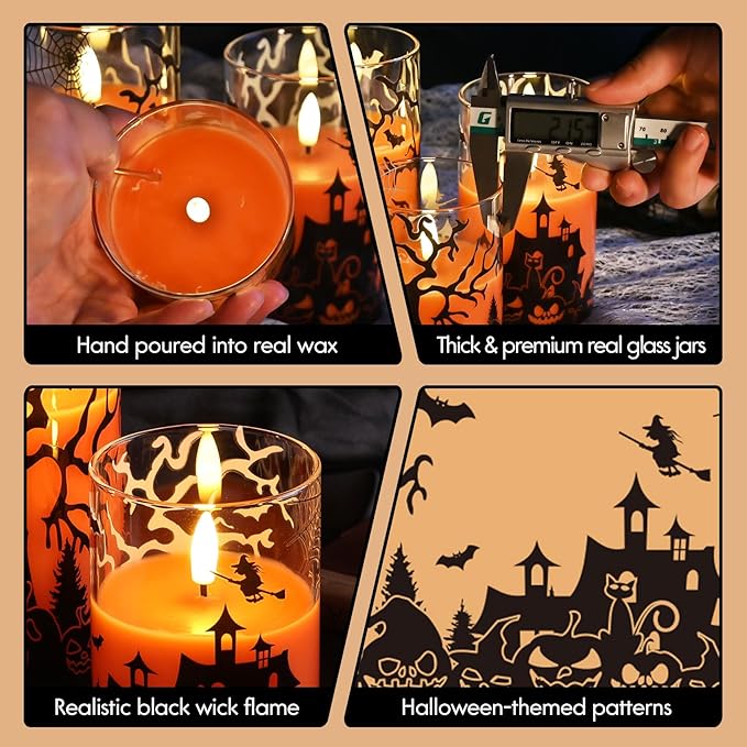 Eywamage Orange Halloween Glass Flameless Candles with Remote, Real Wax Flickering LED Pillar Candles Set of 3
