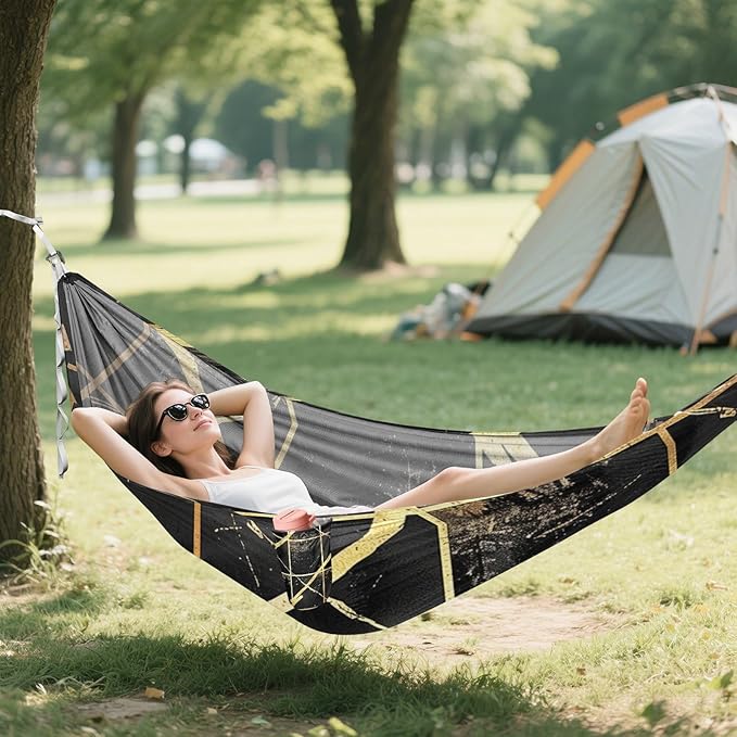 Black and Gold Plaid Geometric Lines 330lb Capacity Hammocks for Camping with Tree Straps Indoor Hammock for Indoor Outdoor Patio hamaca de Algodon para Jardin