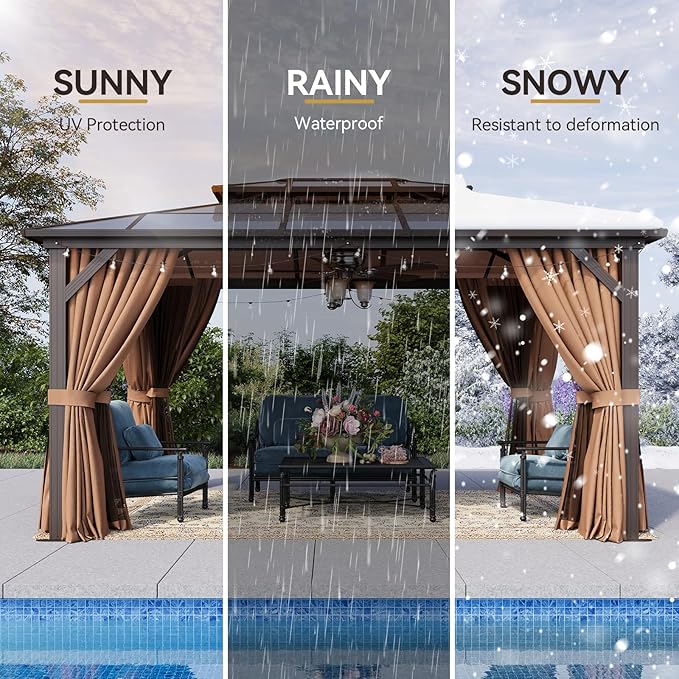Aoxun 10'x14' Hardtop Gazebo, Outdoor Metal Gazebo with Double Polycarbonate Roof Canopy, Permanent Pavilion with Netting and Curtains for Lawn, Garden, Patio (Khaki)