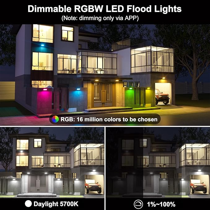 Flood Lights Outdoor RGB, 500W Equivalent Smart Color Change & Daylight 5700K Landscape Light, IP66 Waterproof Patio Lights via App Control, Indoor Ambient Lighting, DIY Scenes/Music Sync/Timing-4Pack