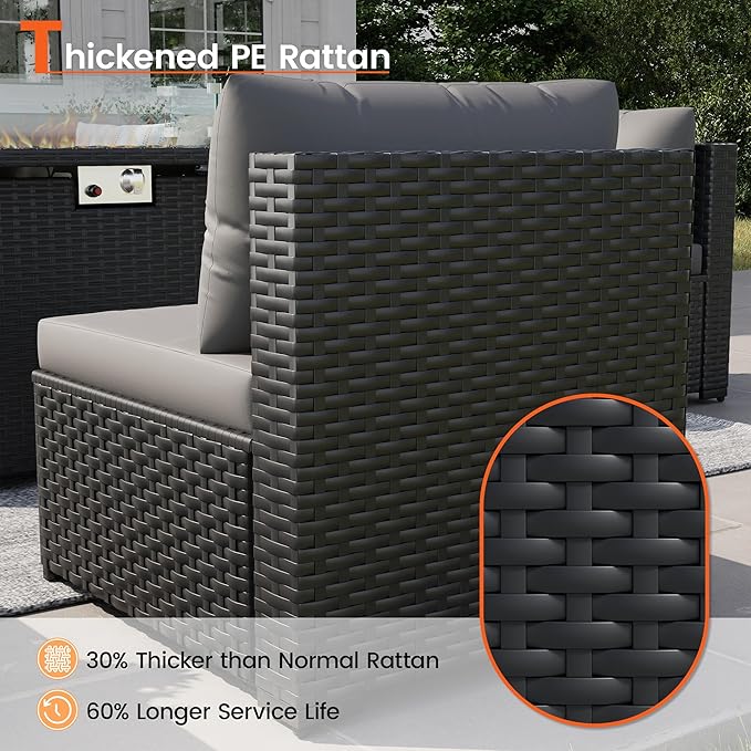 8 Piece Patio Furniture Set with 43" Fire Pit Table, Outdoor Sectional Wicker Rattan Sofa Set with Coffee Table (Grey/Black)