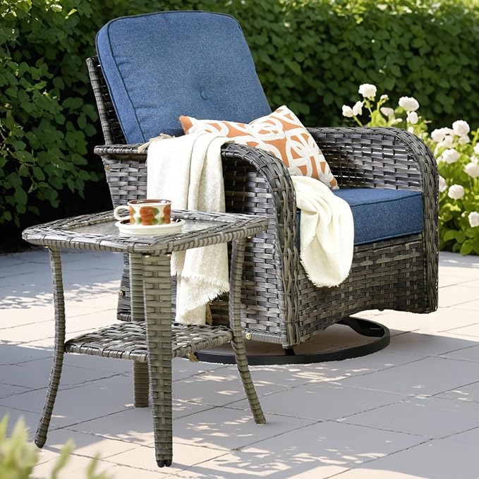 ovios Outdoor Side Table with Tempered Glass Top, Patio Wicker Rattan Bistro Coffee Tables with 2 Tiers Storage for Porch Deck Balcony Garden Poolside, Grey