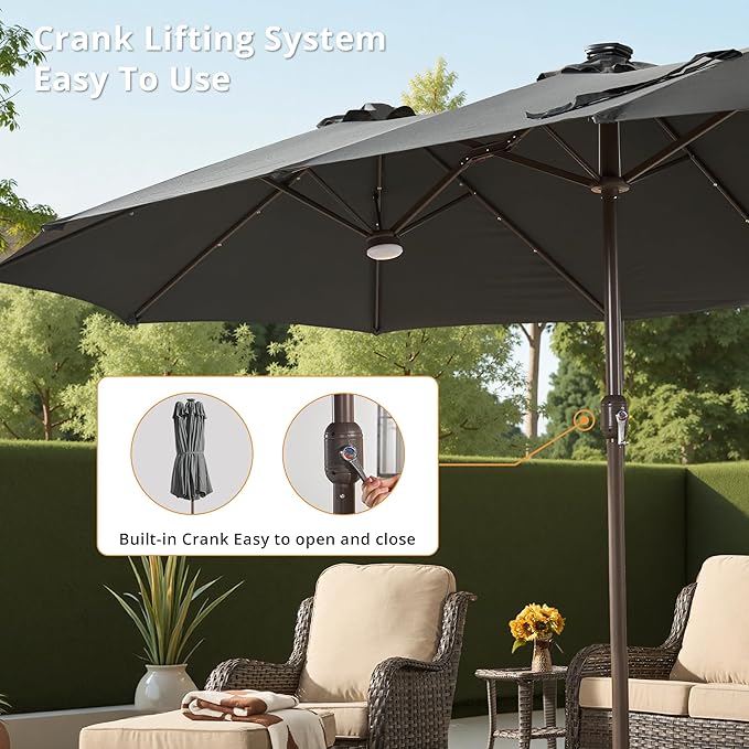 15ft Large Patio Umbrellas with Base & Solar Lights,Outdoor Rectangle Double-Sided Market Umbrella with Stand & 38 LED Lights,Outside Umbrellas for Poolside Deck Backyard (Dark Grey)