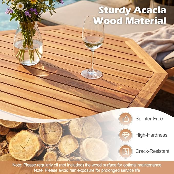 Tangkula 37.5” Folding Patio Table for 4, Acacia Wood Octagonal Outdoor Dining Table with Slatted Tabletop, Indoor Outdoor Portable Bistro Table for Poolside, Garden, Porch & Deck