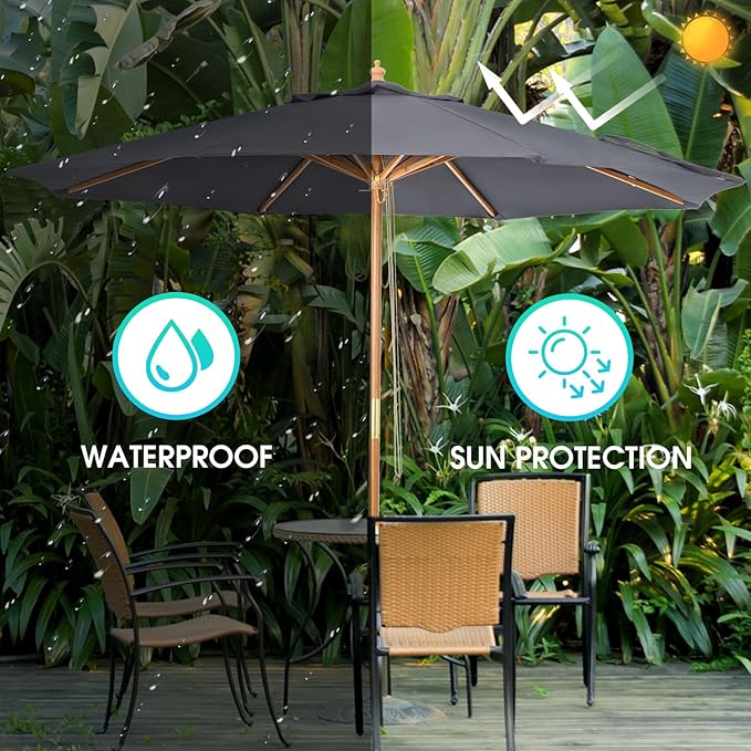 9ft Bamboo Umbrella, Outdoor Patio Umbrella, Waterproof Market Umbrella, 8 Ribs Table Umbrella with Pulley Lift for Garden, Deck, Pool, lawn, Backyard