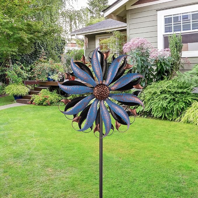 VEWOGARDEN Wind Spinners Outdoor, Metal Kinetic Wind Spinner with Flower Design for Yard Garden Lawn Decorations, Dark Blue