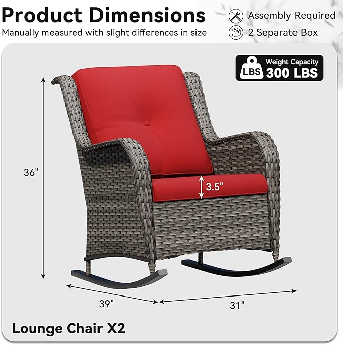 Patio Rocking Chairs Set of 2, Outdoor Wicker Patio Furniture Set 2 Pieces with Thickened Olefin Cushions, High Back and Deep Seating, Hand-Woven PE Rattan for Porch, Deck, Red