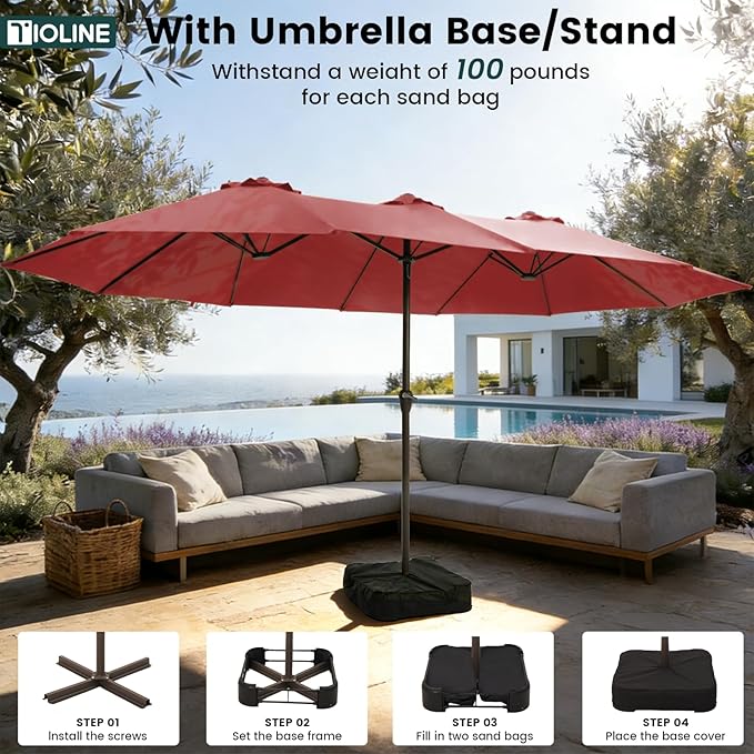 15FT Large Patio Umbrellas with Base Included, Outdoor Double-Sided Rectangle Big Market Umbrella with Stand, Outside Umbrellas for Poolside Lawn Backyard,Red
