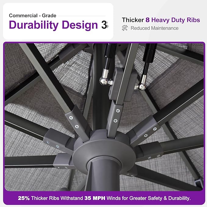 PURPLE LEAF 9 FT Semi-Auto Outdoor Patio Umbrella Market Table Sun Umbrellas with 8 Aluminum Sturdy Ribs for Backyard Deck Garden Pool (Gray Pole Gray Canopy)