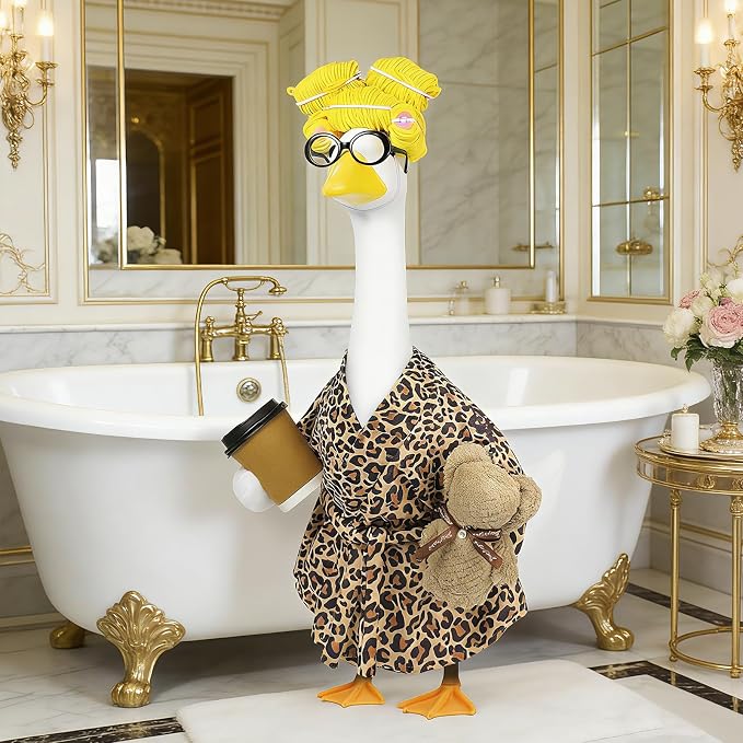 Lady Porch Goose Outfits,Bathrobe Porch Goose Statue Costume with Curlers Reading Glasses Coffee Cup Towel,Cute Goose Clothes for 23-Inch Cement Statue,Lawn Yard Garden Patio Decor（Leopard Print 01）