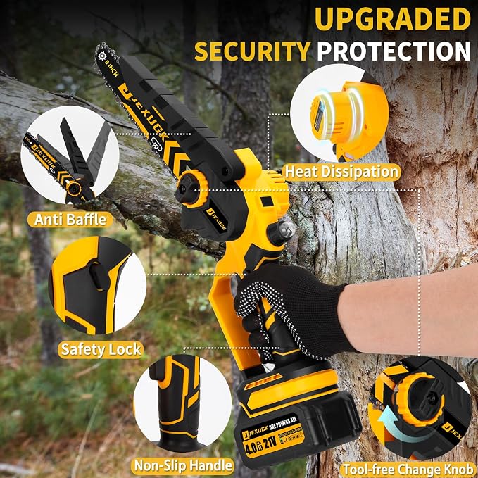 JEXUGK Brushless Mini Chainsaw, 8" & 6" Hand Held Cordless Chain Saw with 2 x 4.0Ah Battery, Portable Small Electric saw Cordless with 4 Chain Guide, Mini Motosierra for Tree Pruning Wood Cutting