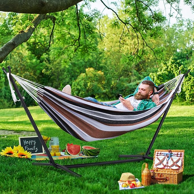 550lbs Capacity Double Hammock Adjustable Hammock Bed with 10ft Heavy Duty Steel Stand Includes Portable Carrying Case, Easy Set up