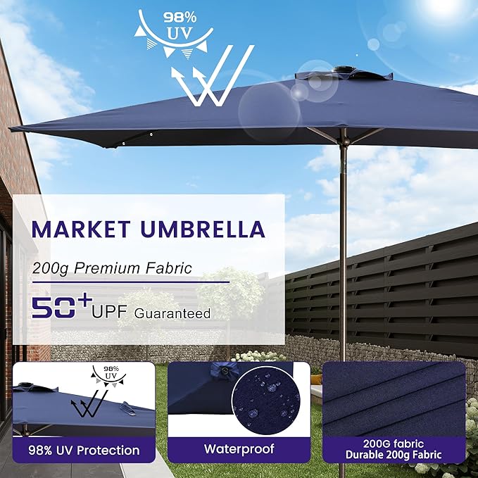 MONDAWE Rectangular Market Umbrella with Lights 10 x 6.5 FT Outdoor Solar LED Patio Umbrella Tilt and Crank Aluminum Commercial Table Umbrella for Pool Backyard Balcony