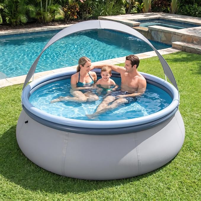 Goplus Inflatable Pool with Canopy, Large Round Above Ground Swimming Pool w/ 2 Air Chambers, Repair Patch, Top Ring Blow Up Pools for Backyard, Lawn, Garden (118” x 68”)