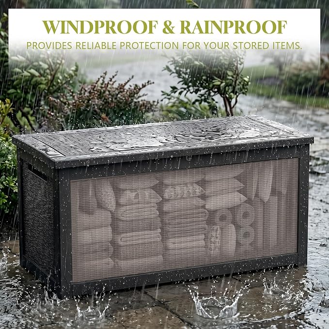 Waterproof Outdoor Storage Box Outside Deck Box Lockable Resin Bench UV Resistant Furniture Cushion Pool Tool Float Bin Patio Garden Porch (Black, 320 Gallon)