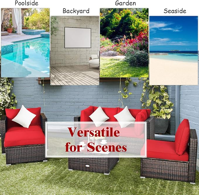 Tangkula 6 Pieces Wicker Patio Furniture Set, PE Rattan Outdoor Sectional Conversation Set with Glass Coffee Table & Ottoman, Wicker Sofa Set with Cushions for Yard Garden, Deck, Porch (Red)