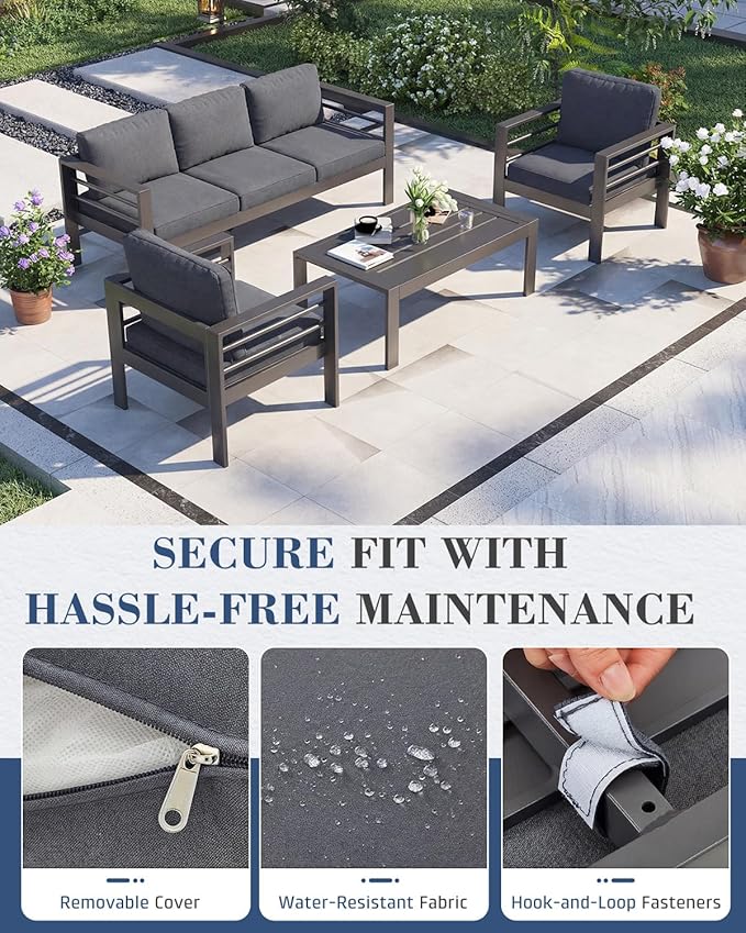 AECOJOY Aluminum Patio Furniture Set, 5 Seats Modern Outdoor Furniture with Coffee Table, 4 Pieces Metal Conversation Sectional Sofa, Dark Gray
