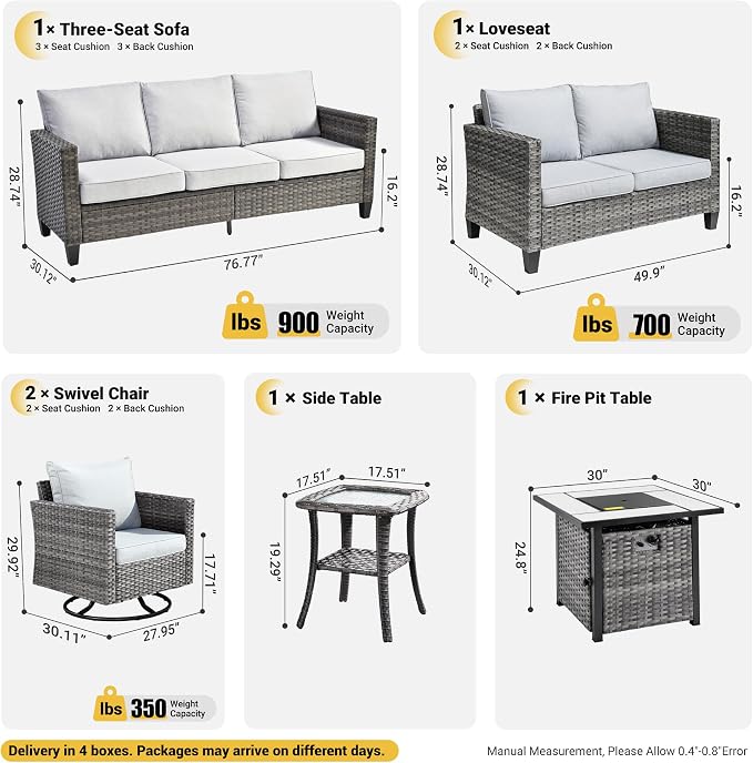 ovios 6 Pieces Patio Furniture Set with Square Fire Pit Table, Swivel Rocking Chairs, Loveseat, Outdoor High Back Wicker Rattan Conversation Set for Deck Porch, Grey